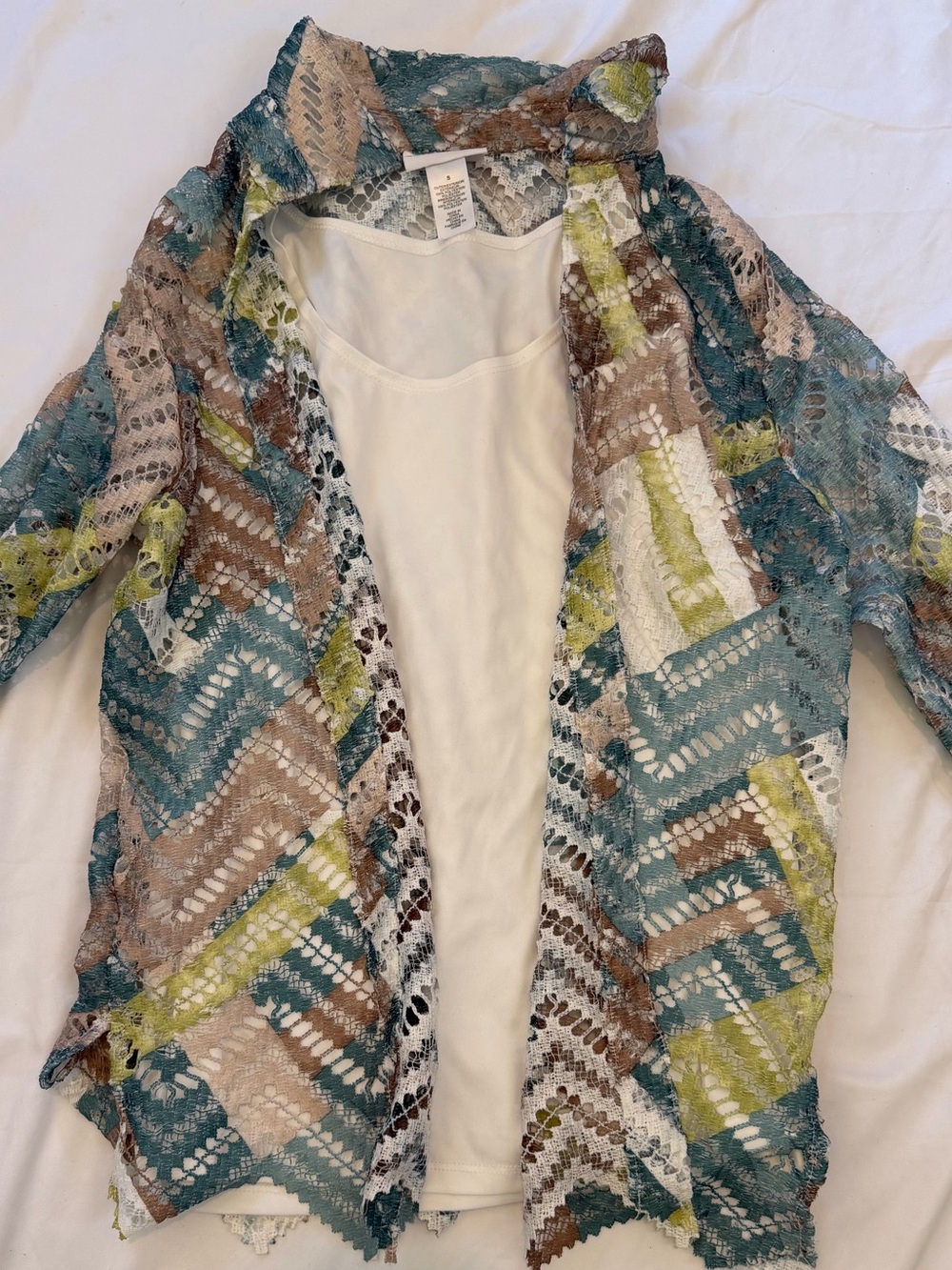 Alfred Dunner Teal, Tan, Cream & Chartreuse Chevron Lace Cardigan